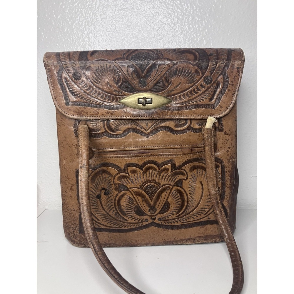 VTG 50s 60s Handbag Purse Genuine Leather Hand Tooled Mexican Distressed